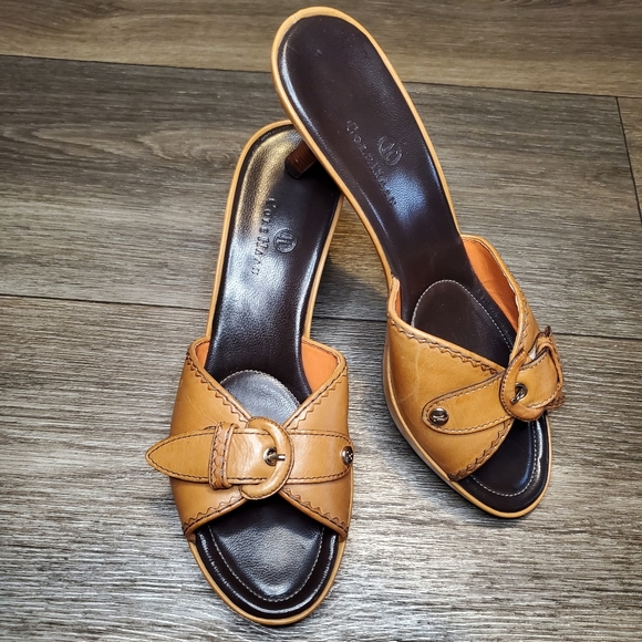 COLE HAAN Brown Leather Opened Toe Heeled Mules with Buckle - Picture 9 of 9